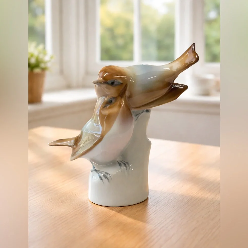 Vintage Zsolnay Hungary Pecs Brown Finches Birds Porcelain Figurine 4
